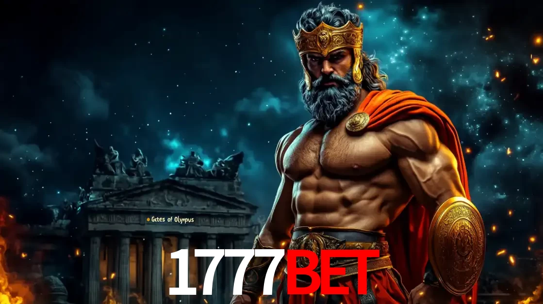 O poderoso Zeus do jogo de slot Gates of Olympus em frente ao seu templo, pronto para lançar multiplicadores divinos e prêmios épicos no cassino online 1777BET.