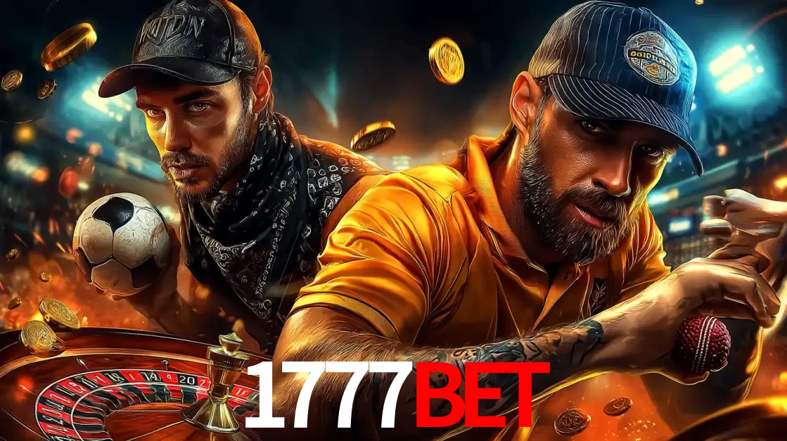 Montagem de apostas esportivas e cassino no 1777BET, com um homem segurando uma bola de futebol e outro uma de beisebol sobre uma roleta e moedas voadoras.