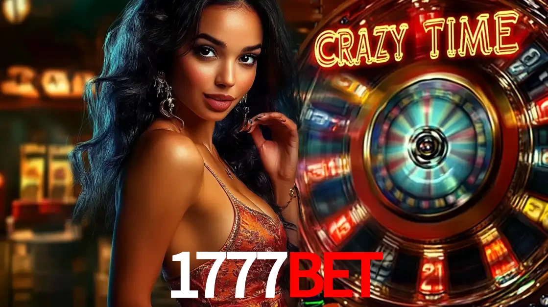 Mulher elegante ao lado da vibrante roda da fortuna do jogo de cassino ao vivo Crazy Time, um dos game shows mais populares e cheios de prêmios do 1777BET.